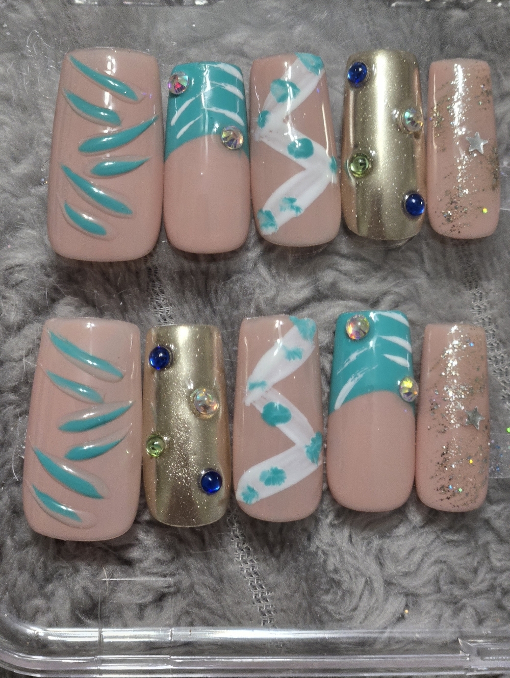 Nude Pink & Teal Acrylic Press-On Nail Set with Gold Accent, Medium Length Squar
